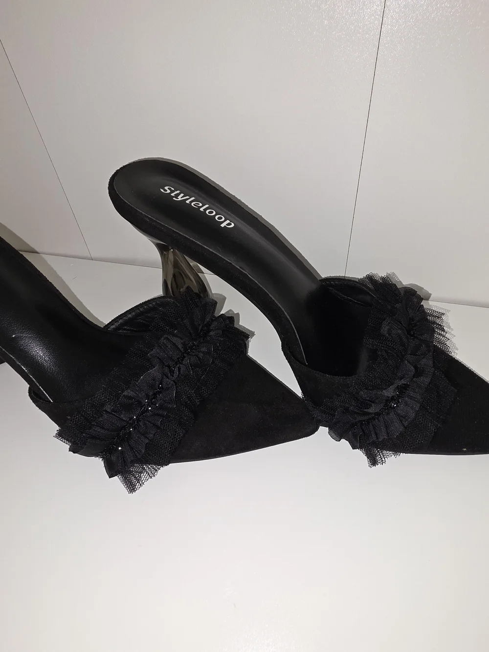 Black Pointed Toe Ruffle Slide Heels - Picture 3 of 4